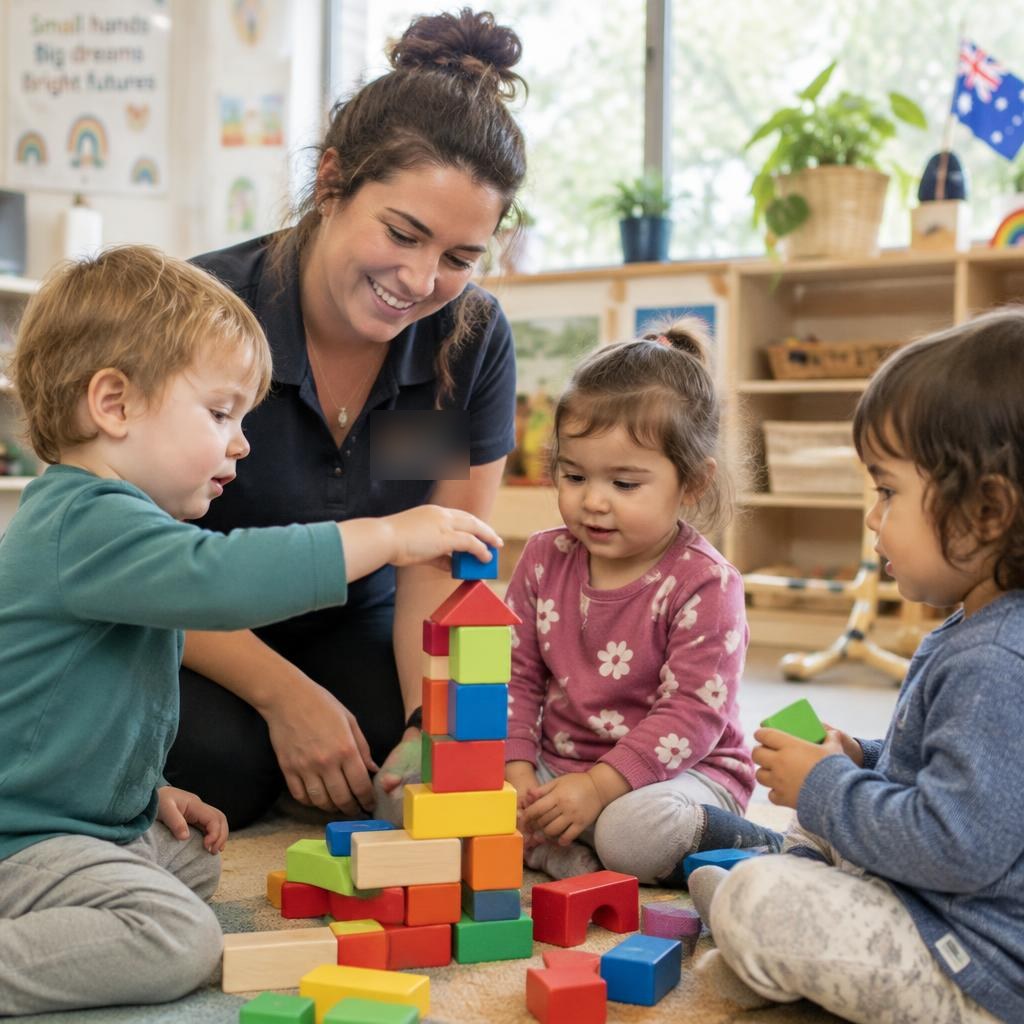 Educator building block towers with toddlers
