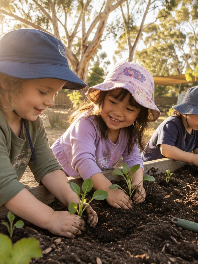 Preschool children planting seedlings in the garden