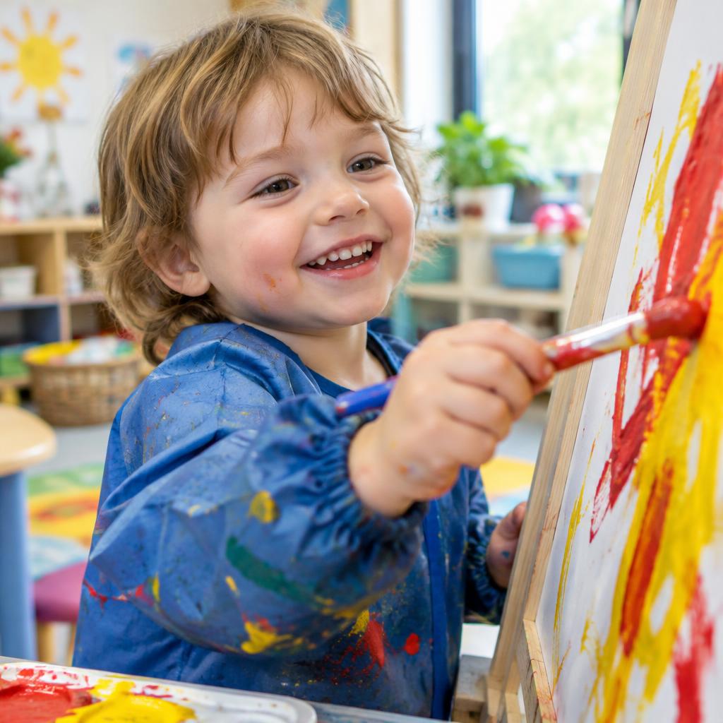 Toddler painting with red and yellow paint at an easel